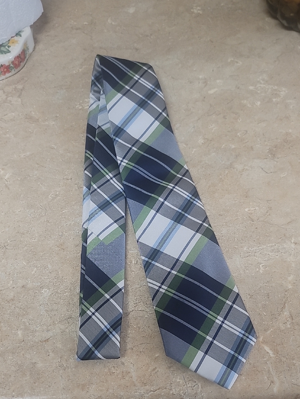 Navy, Gray & Green Plaid Silk-Feel Tie